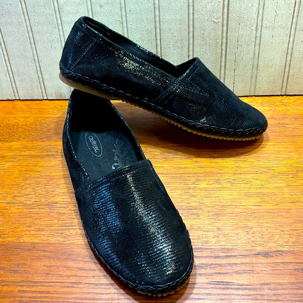 Aetrex Kylie Black Snake Slip-on Shoes, EUC, size 7, Sparkly Leather Upper